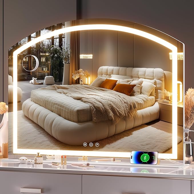 Hasipu 40" x30” Arch Vanity Mirror with LED Lights - Makeup Mirror with 10X Magnification, USB Charging Port & 3 Dimmable Color Modes