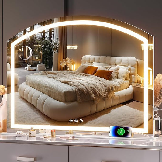 Hasipu 40" x30” Arch Vanity Mirror with LED Lights - Makeup Mirror with 10X Magnification, USB Charging Port & 3 Dimmable Color Modes