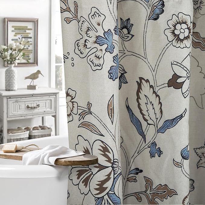 MUGINYU Vintage Farmhouse Linen Shower Curtain,Botanical Floral Toile Shower Curtain,Colorful Leaves Bath Curtains Shower,Boho Flower Plant Neutral Bathroom Decor (Vintage Flower Blue)
