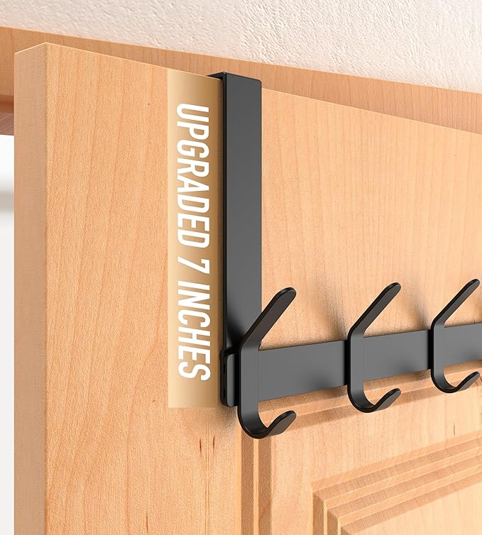 Over The Door Hooks Hanger with 7" Arms for Hanging Heavy Coats, Towel, J7U, Perfectly Fits US Standard 1 3/8-inch Doors, Towel Rack Bathroom Organizer Holder, Rustproof, Matte Black