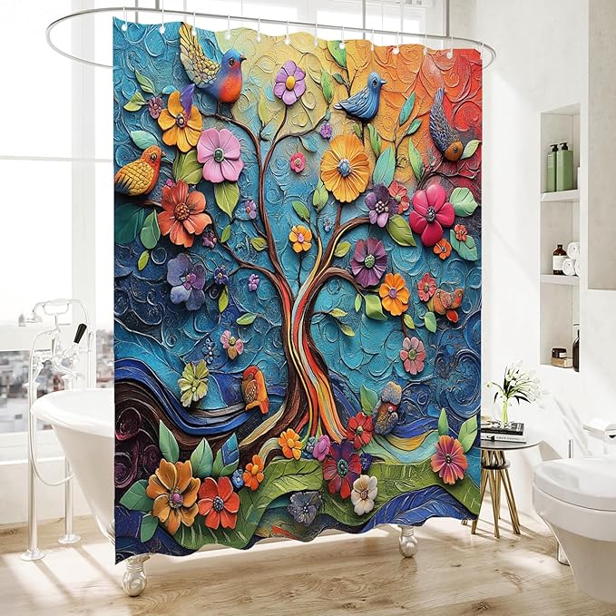 HMS Happy Memories Bohemian Flower Bathroom Curtain Colorful Boho Floral Print Beautiful Bright Polyester Fabric Cloth Shower Curtain for Bathroom Decoration, 72"x72" (Color 13)