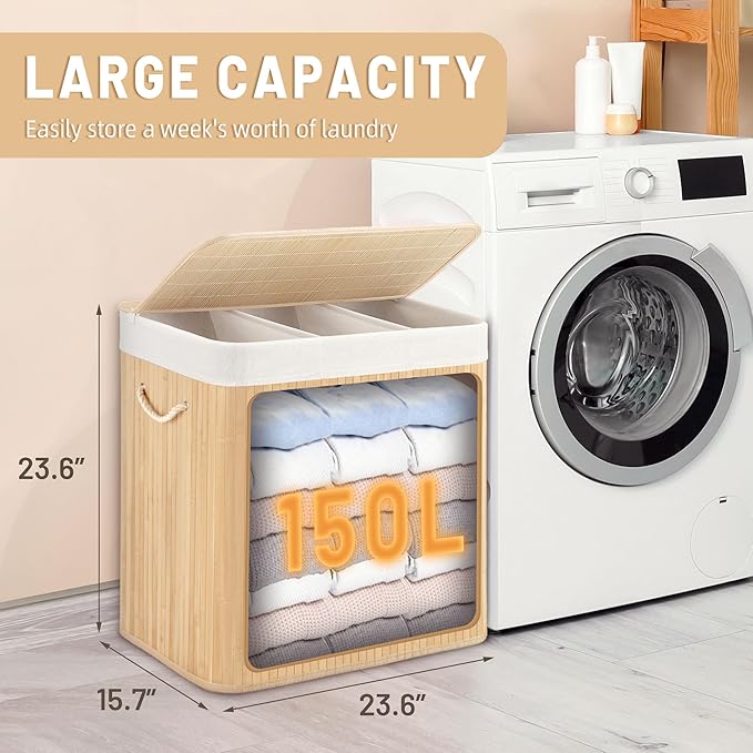 Aliphon 150L Laundry Hamper with lid, 3-Section Clothes Laundry Basket with Handles, Large Collapsible Bamboo Baskets for Bedroom, Bathroom, Dorm, Natural Beige