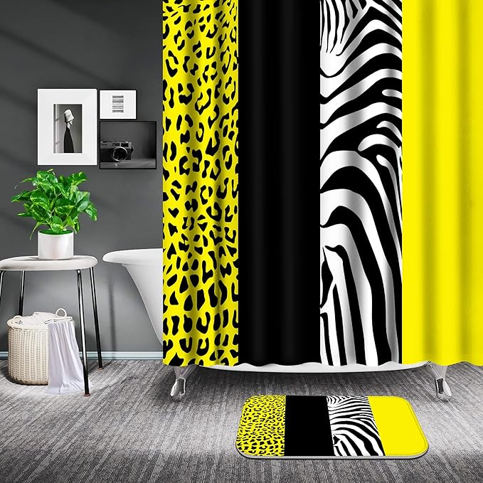 Poedist 4 Pcs Bathroom Shower Curtain Set, Yellow Print Bright Style Shower Curtain Sets with Rugs (Bath Mat, U Shape and Toilet Lid Cover Mat) and 12 Hooks