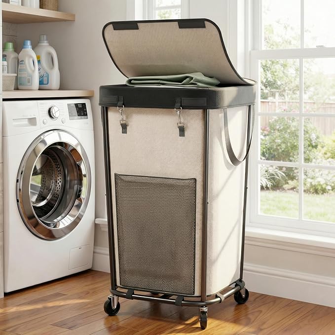 Laundry Basket with Lid and Wheels Rolling Laundry Basket, Removable Laundry Bag Design for Daily Use in Bathrooms and Laundry Rooms (Cover White, 160L)