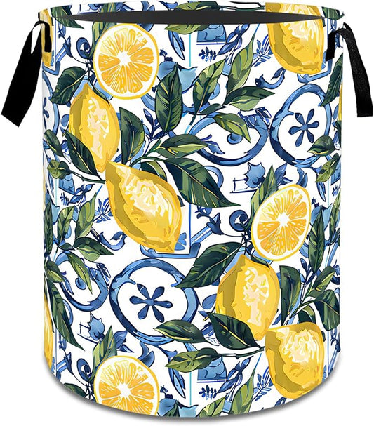 Vibrant Lemon Laundry Basket,Dirty Clothes Hamper,Yellow Fruit and Leaf Storage Bin,Nature Lovers Gifts,Waterproof Oxford Cloth Baskets for Bathroom,Bedroom,Home Decoration(19.7" x 15.8")