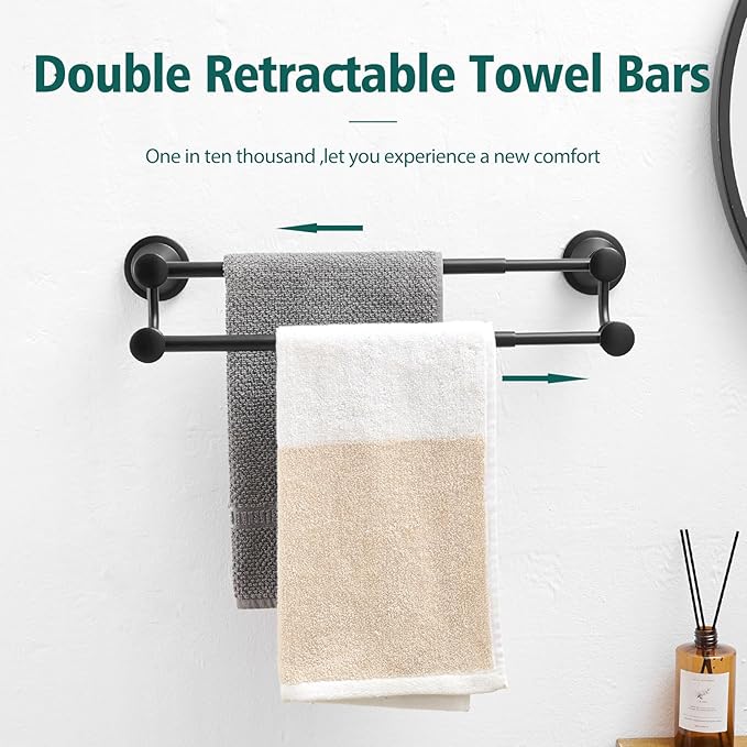 Hoimpro Adjustable Retractable 15-27 Inches Stainless Steel Bathroom Towel Bar, Bathroom Accessories Bath Hotel Double Towel Bar Rod Hanger Wall Mounted Towel Holder Towel Rack, Matte Black