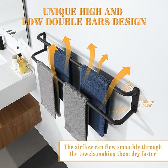 Alise Double Towel Bar,28 Inch Towel Racks for Bathroom, SUS304 Stainless Steel Towel Bar for Bathroom Wall,Quick Drying Bathroom Towel Holder Bath Towel Hanger,Matte Black