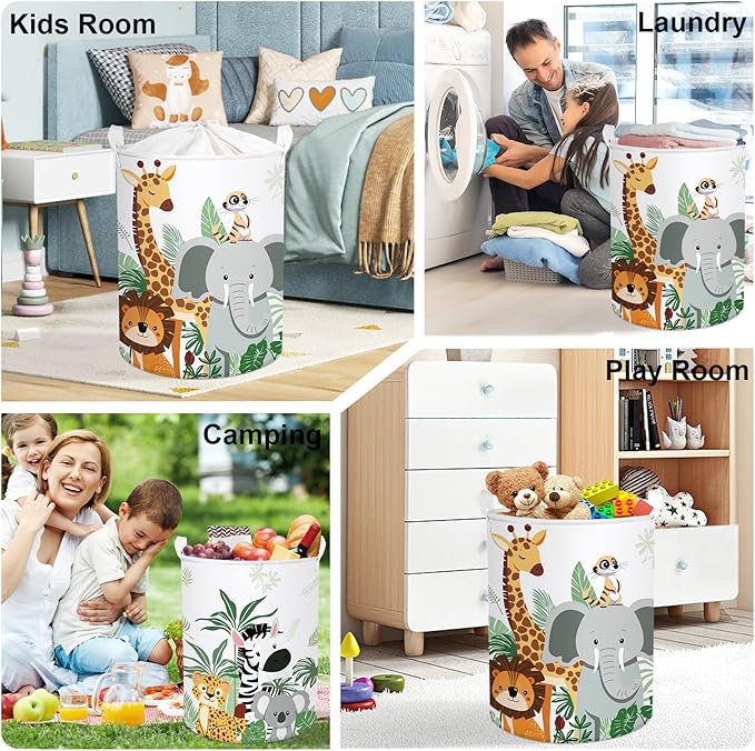 Tropical Animals Baby Laundry Hamper Collapsible Clothes Kid Storage Basket Giraffe Elephant Large Boys Girls Gift Toy Box Bin for Nursery, Lion, 63L
