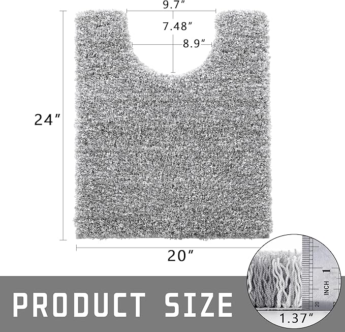 Yimobra Fluffy Toilet Rugs U Shaped, Shaggy Soft Comfortable Non Slip, Water Absorbent Microfiber Bath Mat, Dries Quickly, Machine Washable Thick Bathroom Floor Rugs, 24"x 20", Light Gray and White