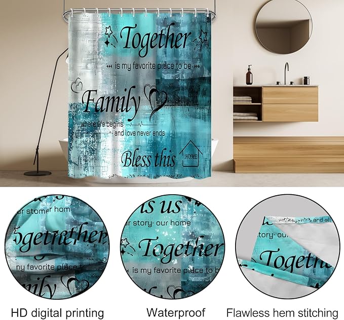 Lnond 4Pcs Bathroom Shower Curtain Sets with Rugs, Turquoise Motivational Home Family Bathroom Sets with Shower Curtain and Rugs and Accessories