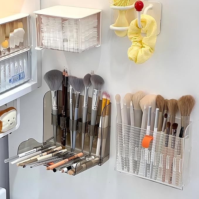Wall-mounted Makeup Organizers, 16-Slot Eyeliner Lip Liner Organizer Holder, Makeup Organizer for Brush, Makeup Pencils, Concealer Pencil Display Case for Vanity Bathroom (Transparent White)