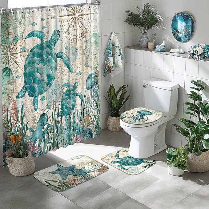 Tatuo 8 Pcs Sea Turtle Shower Curtain Set Summer Ocean Theme Bathroom Accessories Sets Decor Sea Animal Nautical Coastal Waterproof Shower Curtain with Towels Carpet Bath Mat Toilet Rugs and 12 Hooks