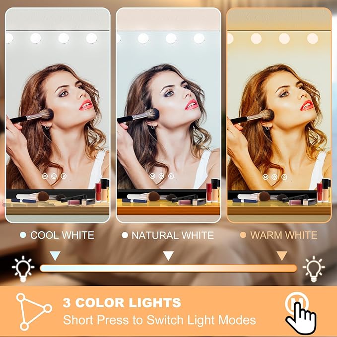 Moonee Black Vanity Mirror with Lights, Hollywood Lighted Makeup Mirror with 18 Dimmable Bulbs and 10X Magnification, 3 Colors Modes, Aluminum Metal Frame, Light Up Mirror for Tabletop/Wall（32" x 24"）