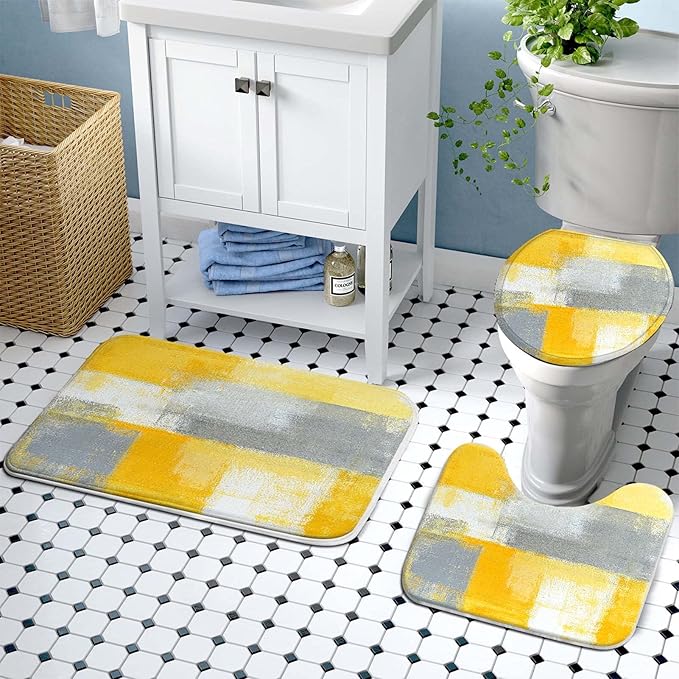 Lnond 4Pcs Yllow Bathroom Shower Curtain Sets with Rugs, Yellow Grey Abstract Painting Bathroom Sets with Shower Curtain and Rugs and Accessories