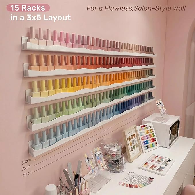 YMVV 15" Nail Polish Racks Wall Mounted Shelf,6 Pack White Acrylic Nail Polish Organizer Nail Supplies for Nail Techs,Great Display for Salons Retailers
