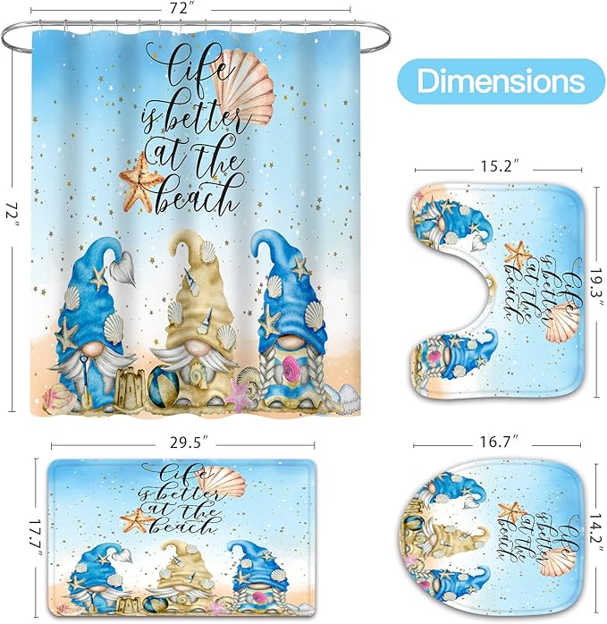 Litabel 4 Pcs Summer Gnomes Shower Curtain Set with Non-Slip Rugs, Toilet Lid Cover and Bath Mat, Sea Beach Starfish Country Bathroom Decor Set with Shower Curtain and Rugs(Hooks Not Included)