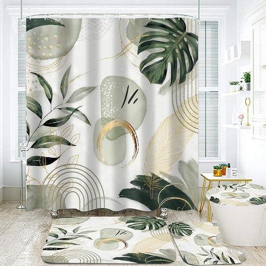 FZDHHY 4Pcs Green Shower Curtain Set, Modern Boho Bathroom Sets, Modern Luxury Bathroom Sets with Shower Curtain and Rugs, Shower Curtain with 12 Hooks