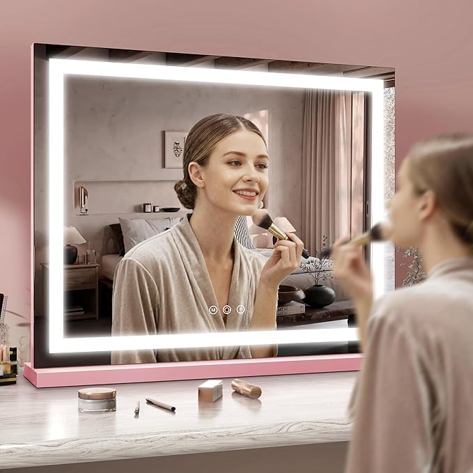 ROLOVE 23"x 18" Pink Vanity Mirror with Lights, Large Lighted Makeup Mirror with 10X Magnifier, 3 Color Lighting & Stepless Dimming, Wall Mounted or Tabletop Desk Mirror for Teen Girls