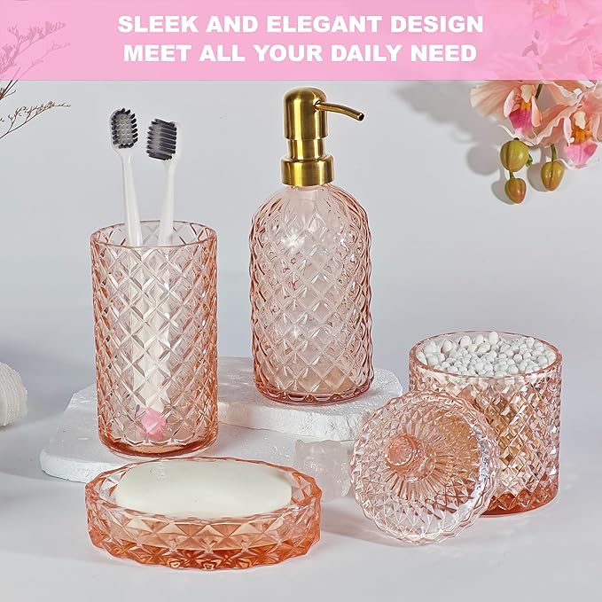 LaMarriti Pink Bathroom Accessories Set, 4Pcs Clear Glass Bathroom Sets, Lotion Soap Dispenser, Toothbrush Holder Set, Soap Dish, Qtip Holder for Crystal Glass Vintage Bath Decor, Valentine Gift Set