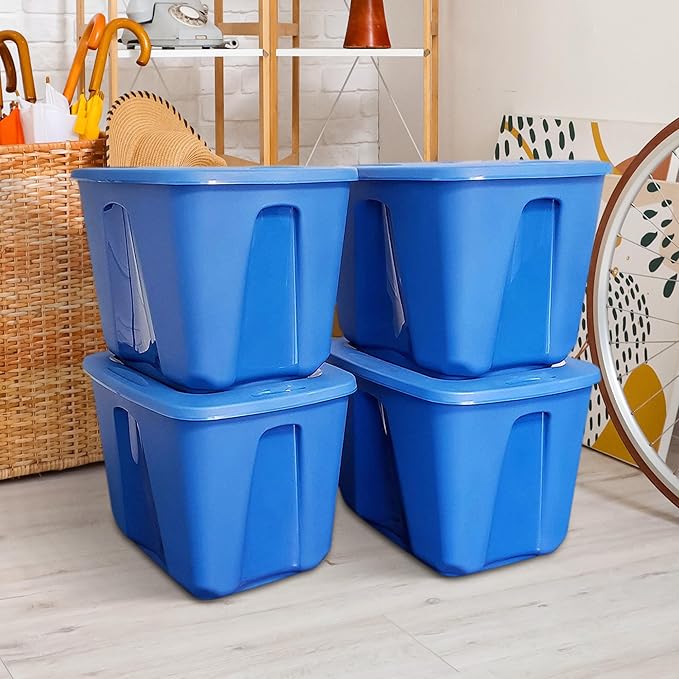HOMZ 4-Pack Durable Molded Bin, Plastic Storage Containers w/Lids, 18 Gallon, Blue - Stackable Organizer Totes and Boxes for Bedroom, Kitchen, and Garage Organization