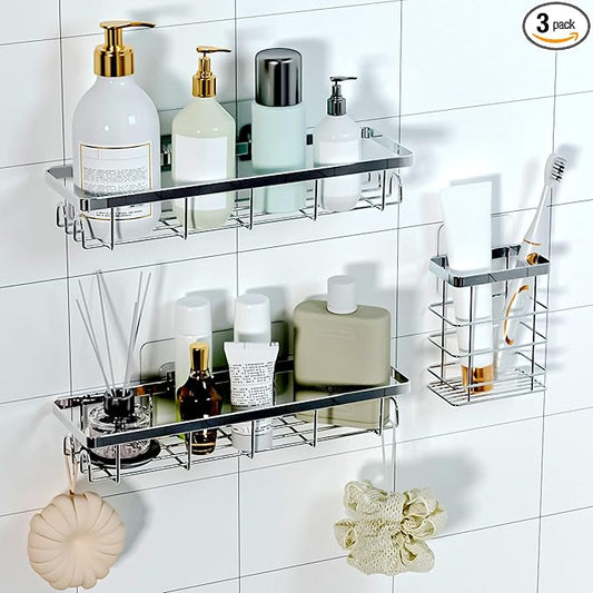 Shower Caddy Organizer with Hooks,Self Adhesive Bathroom Shelves,Shower Shelves,No Drilling Bathroom Organizers and Storage,Perfect for RV, Apartment, Home Decor,Silvery 3PK