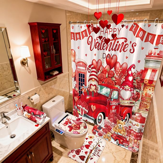 FuWeave 8 Pcs Valentines Shower Curtain Set Red Heart Sweet Love Romantic Bathroom Decor Valentines Day Gnome Waterproof Shower Curtain Towels Non Slip Rug Toilet Lid Cover Bath Mat with 12 Hooks