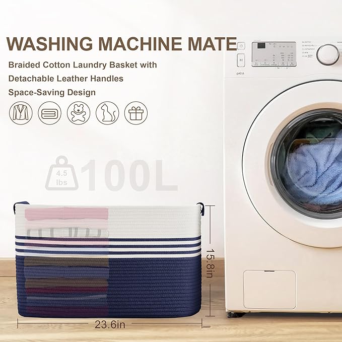 100L Extra Large Laundry Basket with Leather Handles for Living Room Storage, Woven Rope Baskets for Blanket, Kids Toy, Gifts, Wicker Hamper for Bedroom Dirty Clothes, 24"x16"x16" White Navy