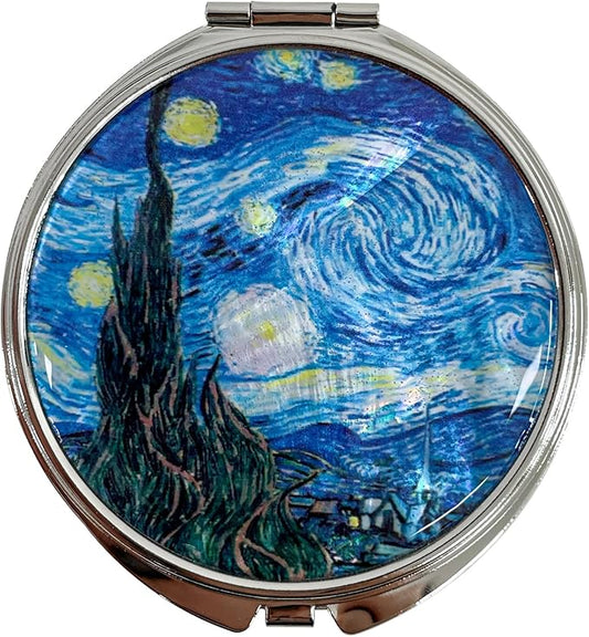 Portable Makeup Compact Double Magnifying Mirror Cosmestic Foldable Pocket Style Unique Mother of Pearl Design (Starry Night)