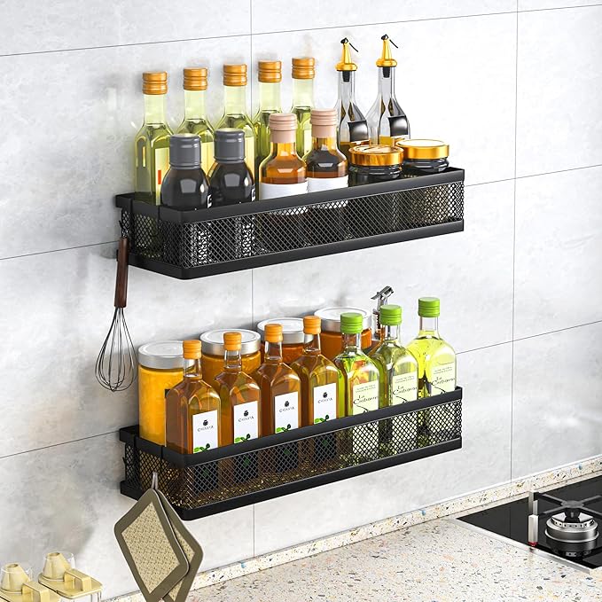 PUSDON 16.5-Inch Extra Long Slim Mesh Shower Caddy, Wall Mounted Bathroom Organizer with Adhesive, Heavy Duty Rustproof Shelf for Narrow Kitchen Pantry & RV, Holds 50 LBS 2-Pack - Matte Black Netting