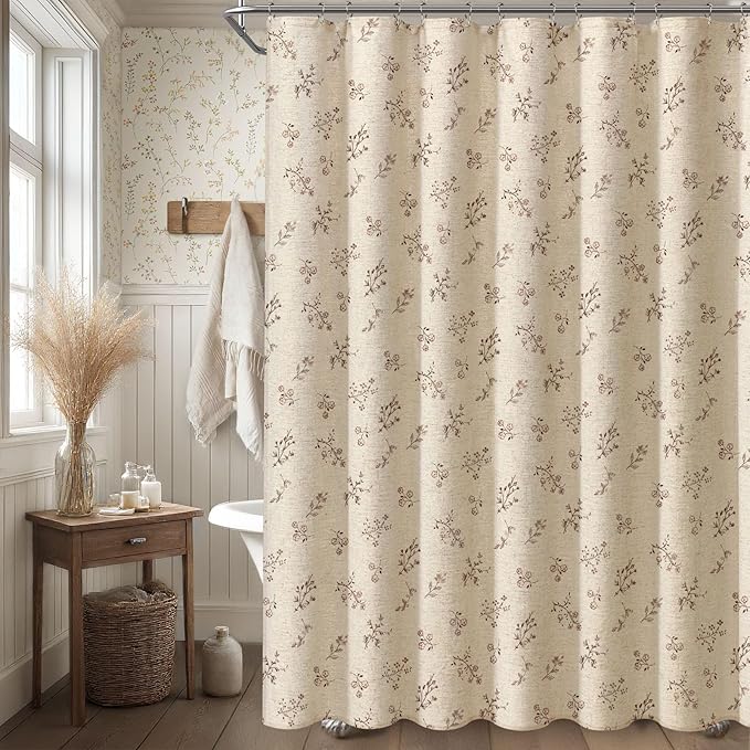 Brown Floral Farmhouse Vintage Linen Shower Curtain, French Country Shower Curtains for Bathroom, 72Wx72H