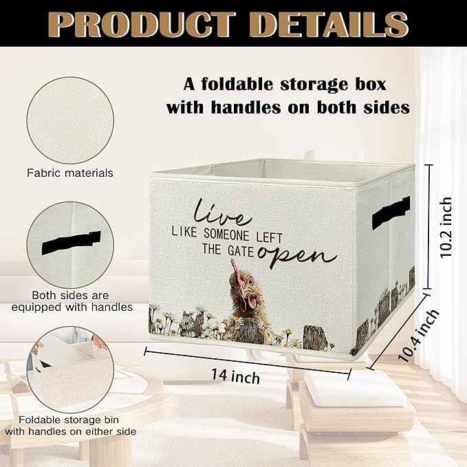 Rustic Chicken Storage Bins & Boxes with Handles, Farmhouse Chicken Foldable Basket for Organizing, Live Like Someone Left the Gate Open Collapsible Storage Basket for Bedroom Bathroom
