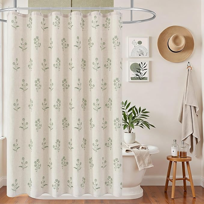 ORTIGIA Linen Shower Curtain 72 W x 84 L Farmhouse Vintage Sage Green Floral Long Shower Curtains Modern Boho Rustic Block Print Cottagecore Decor for Bathroom