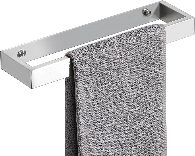 Sayayo Brushed Nickel Towel Bar for Bathroom, 12 Inch Hand Towel Holder Wall Mount, Screw or Self Adhesive Towel Ring Square SUS304 Stainless Steel, 3.2 Inch Wide