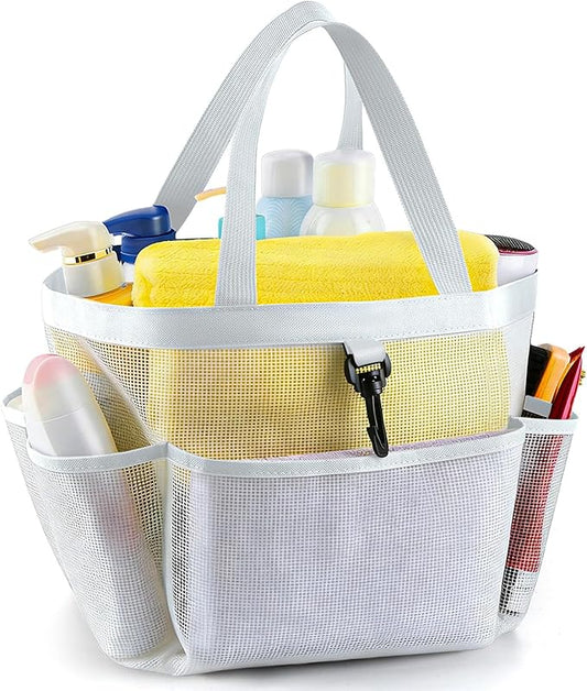 LOYEE Mesh Shower Caddy Portable for College Dorm Room Essentials with 8 Pockets, Shower Bag for Beach, Swimming, Gym, Travel, Bathroom(All white)