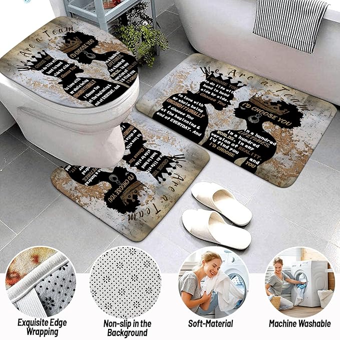 4Pcs Black Man Women Shower Curtain Set with Rugs Toilet Lid Cover Bath Mat, Valentine's Day Romantic Couples Bathroom Decor Sets with Shower Curtain and Hooks, Waterproof Fabric King Queen Sets