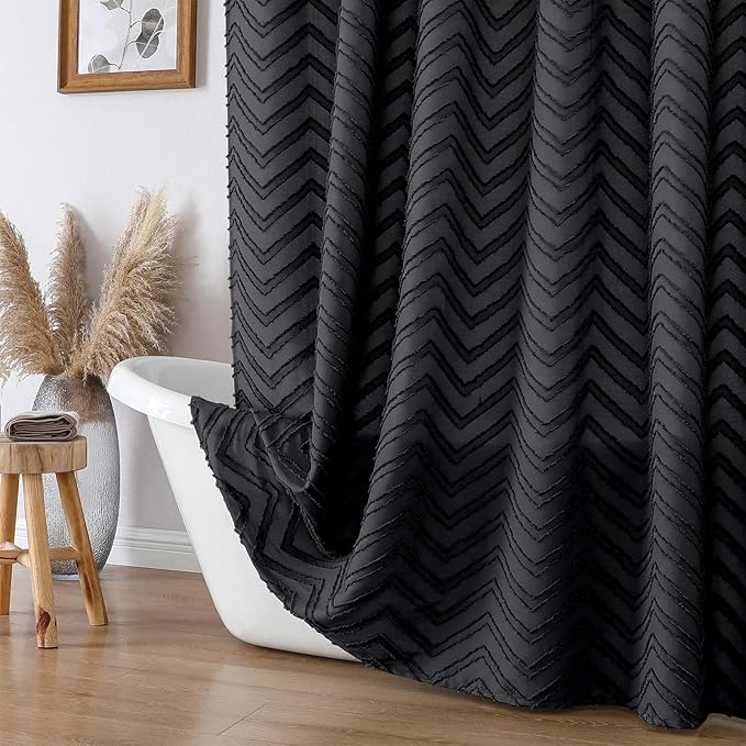 OVZME Black Boho Bathroom Shower Curtain 72 Inch Length, Tufted Chevron Striped Textured Cloth, Modern Farmhouse Washable Shower Curtain for Bathroom Hotel, 72Wx72L Inches