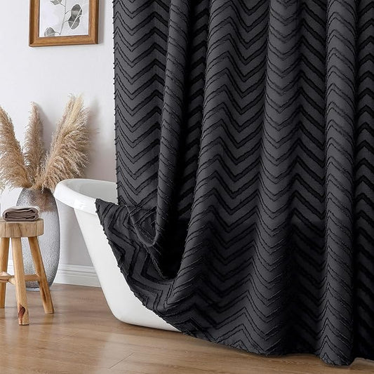 OVZME Black Boho Bathroom Shower Curtain 72 Inch Length, Tufted Chevron Striped Textured Cloth, Modern Farmhouse Washable Shower Curtain for Bathroom Hotel, 72Wx72L Inches