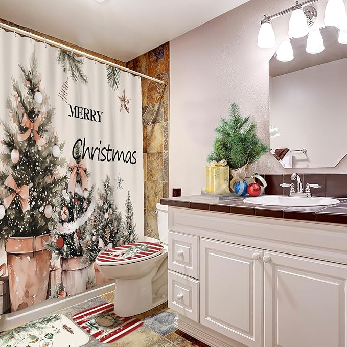 Drydiet 4 Pcs Christmas Shower Curtain Set Bathroom Decoration Non Slip Rugs Mat Toilet Lid Cover Shower Curtain for Xmas Holiday Farmhouse Home Bathroom Decor(Cozy Christmas)