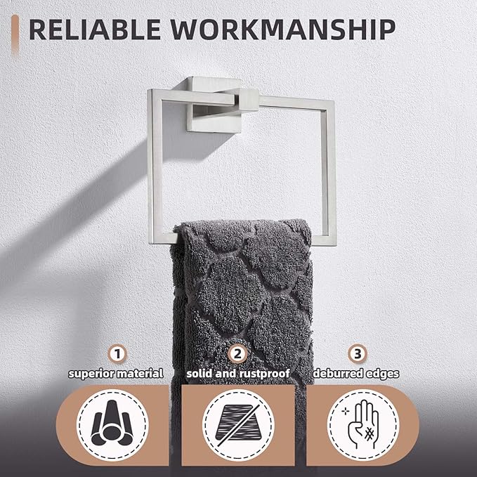 Hand Towel Ring Swivel Brushed Nickel, Angle Simple SUS 304 Stainless Steel Square Towel Holder for Bathroom Wall, 7.09 Inches
