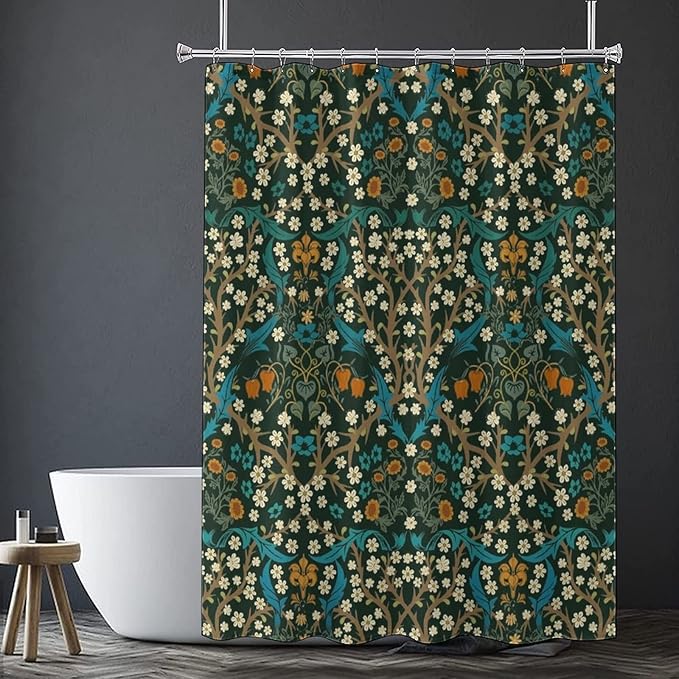 Mid Century Vintage Daisy Waterproof Fabric Shower Curtain,Green Garden Flower William Morris Abstract Art Soft Hotel Quality Cloth Shower Light-Weight & Machine Washable - 72L x72W