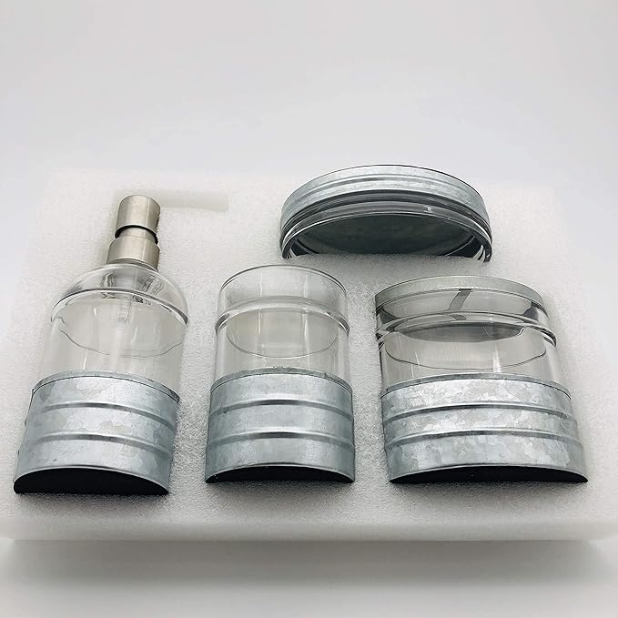 4PCs Heavy Weight Decent Blue Glass Bathroom Accessories Set with Decorative Pressed Pattern - Includes Hand Soap Dispenser & Tumbler & Soap Dish & Toothbrush Holder (Metal)