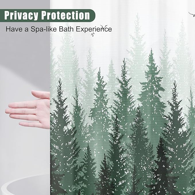 Hokibero Dark Green Misty Forest Mountain Nature Tree Fabric Shower Curtains for Bathroom Waterproof Heavy Duty Green and White Woohitedland Shower Curtain Bathtubs Hotel, 72 x 72 inch