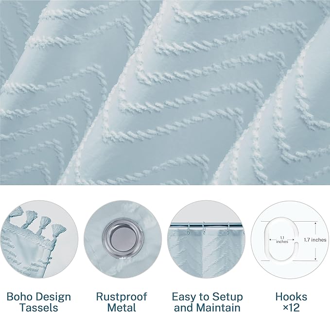 Boho Fog Blue Shower Curtain Woven Fabric Cute Shower Curtain, 72 x 72 Tufted Chevron Textured Striped Modern Farmhouse Minimalist for Bathroom