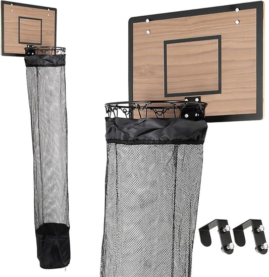 Over the Door Basketball Hoop Laundry Basket ,Wooden Basketball Laundry Hamper with Zipper for Kids Room,Dorm Rooms,Bathroom,Saving Space Storage and Organization (Walnut)