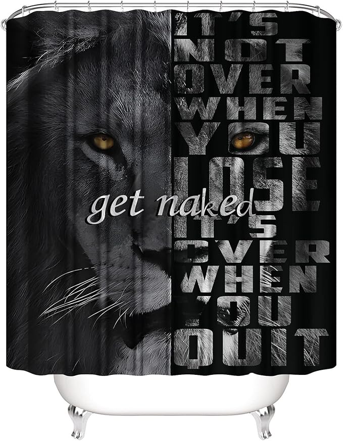 jieprom 4PCS Lion Insipirational Shower Curtain Set with Rugs, Toilet Lid Cover and Bath Mat, Animal Shower Curtain with 12 Hooks, Complete Bathroom Accessories Decor Set
