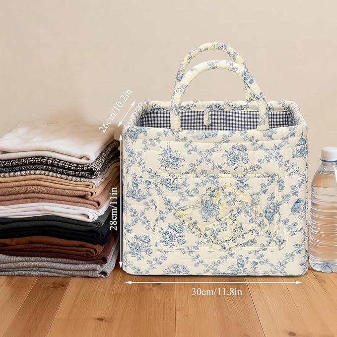 Quilted Fabric Basket Car Storage Basket Boho Floral Laundry Hamper for Nursery Bedroom & Living Room | Organize Clothes Toys