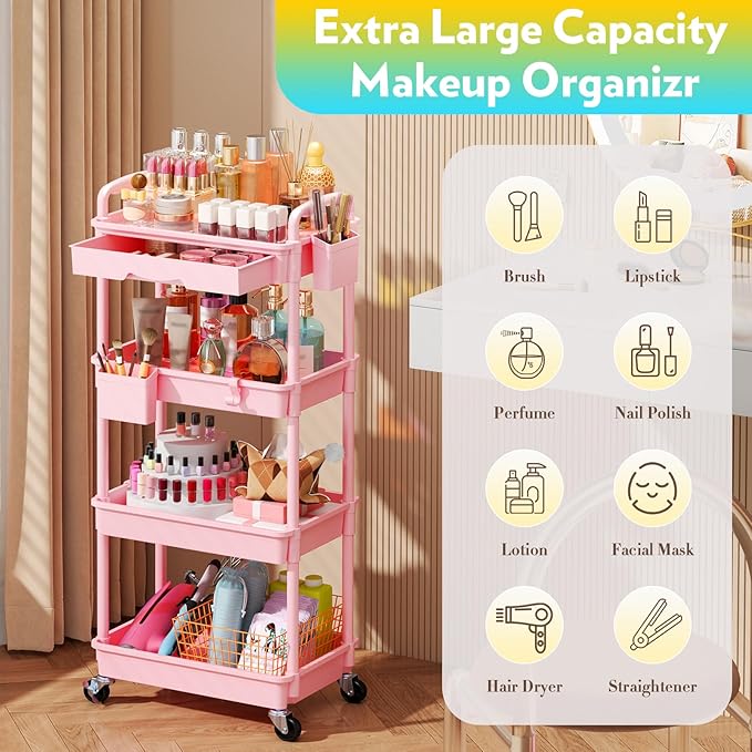 Makeup Cart Organizer with Drawers, 4 Tier Floor Skincare Organizers for Vanity, Rolling Makeup Bathroom Storage Cart Cosmetics Display Cases for Skin Care Perfume Nail Polish, Pink