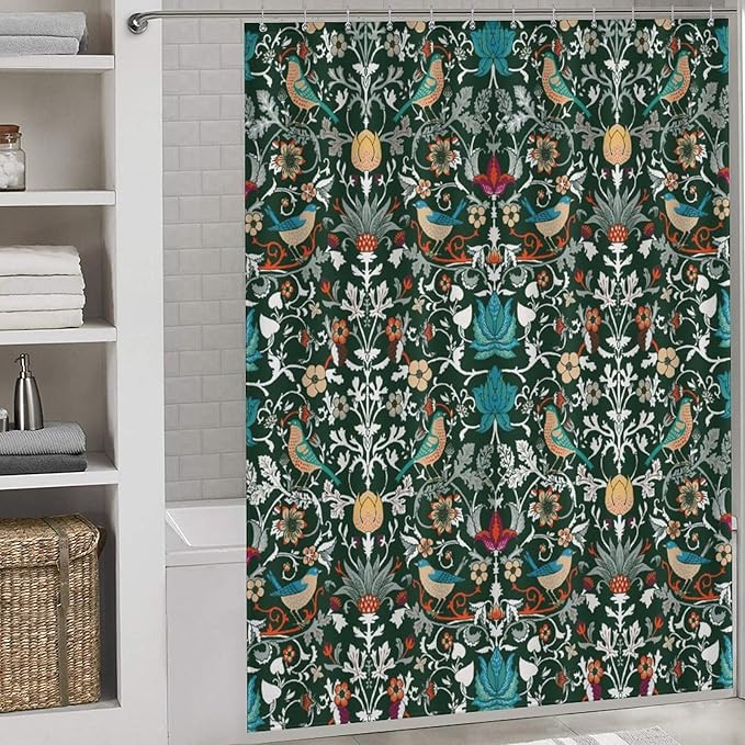 William Morris Shower Curtain,Original Design Vintage Flower Birds Strawberry Thief Pattern Print Shower Curtains Sets Polyester Waterproof Fabric Decor Bathroom Curtain 72"×78" Inch With 12 Hooks