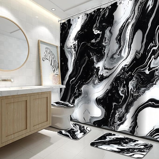Lnond 4Pcs Marble Bathroom Sets with Shower Curtain and Rugs, Black Marble Modern Art Bathroom Shower Curtain Sets with Rugs and Accessories