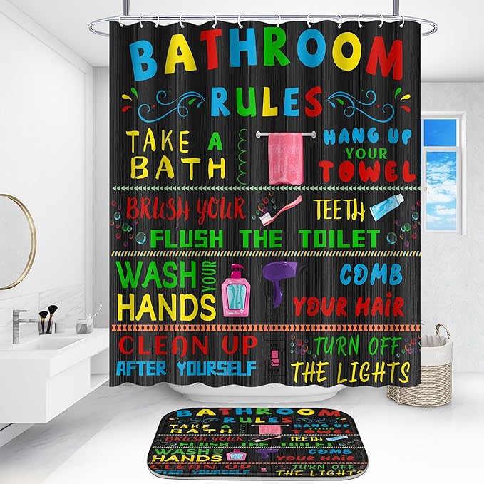 Poedist 4 Pcs Bathroom Shower Curtain Set,Kid's Bathroom Set, Space Shower Curtain Sets with Rugs(Bath Mat,U Shape and Toilet Lid Cover Mat) and 12 Hooks-06